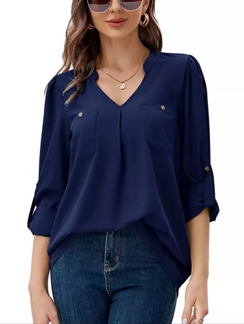 White House Black Market Navy V-Neck Roll-Tab Blouse Chiffon Tunic Casual